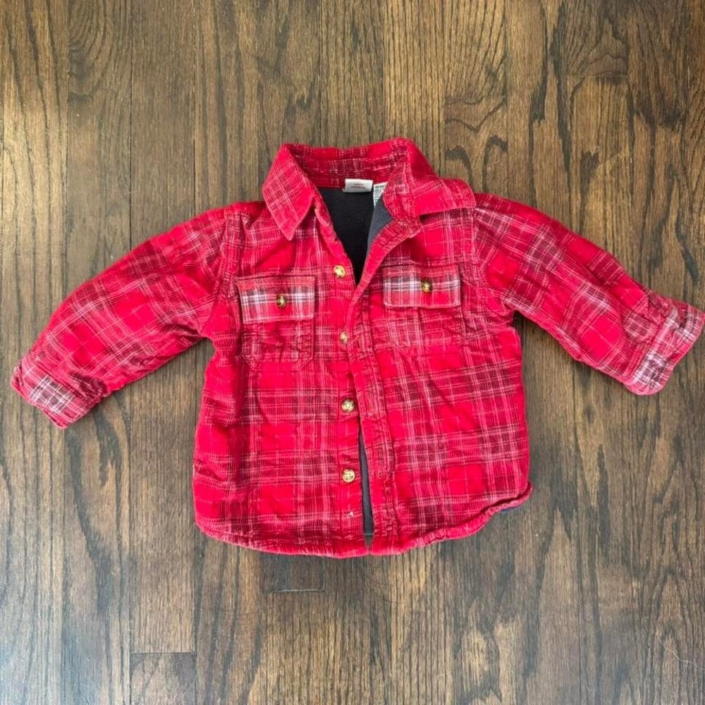Faded Glory Kids Red Plaid Button Up Shirt/Jacket Size 12 Months 100% Cotton
